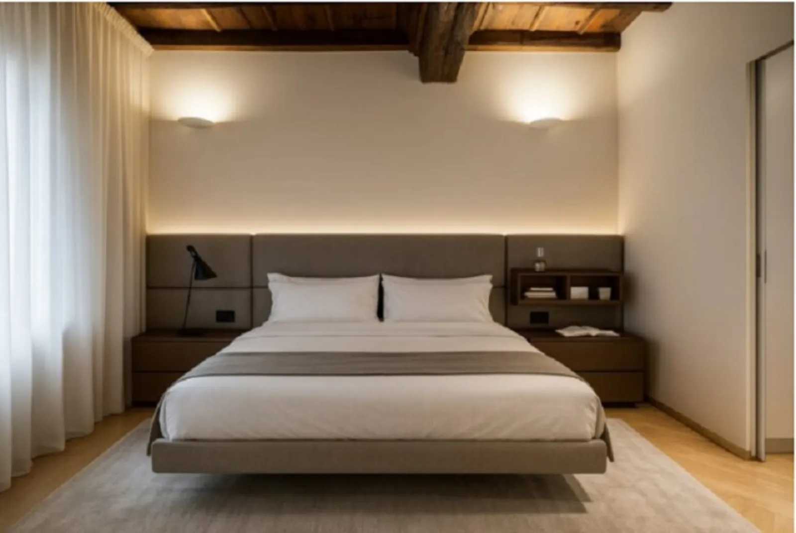 Camera da letto con testiera imbottita e luce d'atmosfera