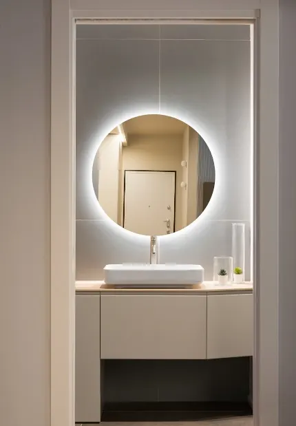 Bagno con specchio circolare retroilluminato e lavabo soprapiano bianco